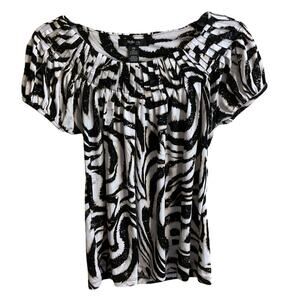Style &‎ Co PM Top Black White Tan Abstract Print Scoop Neck Stretch Knit Travel